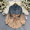 Transfronterizo Transfronterizo Estilo Ligeramente Maduro Manga Larga Verano Mujer Mezclilla Costura Contraste Cintura Temperamento Camisa Corta
