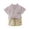 Roupas infantis verão faixa vertical camisa de gola vertical infantil roupas roupas infantis verão 2025 novo conjunto de duas peças de manga curta lote