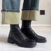 Piel Lavada ~ Botines Chelsea Plisados Británicos Punta Cuadrada Tacón Medio Botines Delgados Tacón Grueso Botines Cortos Botas Individuales de Primavera y Otoño para Mujer