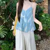 Regata azul estilo francês com um design único, adequada para mulheres usarem como peça externa no verão, um top sem mangas chique e distinto para garotas da moda