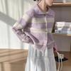 Jaqueta Cardigan Tricô Listrado Contrastante Estilo Retrô Coreano para Mulheres no Outono e Inverno Estilo Preguiçoso Solto Tricô Pequeno