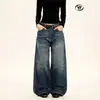Calça Jeans Yongfang Azul Lavado Retrô Americana para Homens e Mulheres, Modelagem Solta com Detalhes de Bigodes, Corte 3D, Tendência Casual de Perna Reta Larga