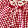 Ropa de bebé a cuadros rojos estilo coreano, nueva colección de otoño, mameluco dulce con cuello de encaje de fresa, conjunto holgado para gatear para niñas