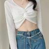 Blusa corta cruzada con cuello en V cruzado, cintura alta, suéter calado, nuevo diseño de moda 2024, top versátil