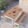 Conjunto de mesa e cadeiras de plástico-madeira para exterior para varanda, pátio, mesa e banco longos de lazer, parque, jardim, terraço, mesa e cadeira anticorrosivas de plástico-madeira