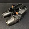 Sandalias Super Suaves de Piel de Oveja con Punta Cubierta para Mujer, Verano, Punta Cuadrada, Correa Única con Lazo, Chanclas de Tacón Alto, Sandalias Retro Francesas