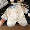Nuevo Conjunto de Algodón Gasa para Niños para Estar en Casa, Pijama de Encaje, Algodón Puro Grado A, Niñas y Niños, Primavera y Verano, Delgado y Holgado
