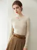 Top quente 100% cashmere puro, gola redonda, malha canelada, base justa, suéter feminino