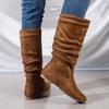 Botas de Media Pantorrilla Talla Grande para Mujer para Exportación, Otoño e Invierno 2025, Estilo Europeo y Americano, Botas Vaqueras de Gamuza de Color Sólido, Punta Redonda, Tacón Plano, Botas Arrugadas