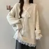 Suéter casual de encaje gris con cuello en V estilo coreano para mujer, moño de otoño, súper elegante, jersey holgado, top de tacto de alta gama