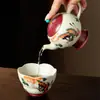 Bule Redondo com Padrão de Borboleta Vermelha e Flores Estilo Dinastia Tang e Song, Conjunto de Chá Kung Fu com Filtro de Bola, Bule de Cerâmica para Uso Doméstico