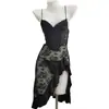 Vestido Suspensório Sexy de Renda Patchwork Estilo Francês de Alta Qualidade com uma Vibração Pura e Sedutora, Decote em V Profundo, Barra Irregular e Saia Longa Franzida