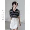 Tejido de punto a rayas con solapa para mujer Verano 2024 Nuevo Cuello Polo Holgado Camiseta de manga corta Top fino