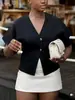 Verano Transfronterizo Nuevo Moda Europea y Americana para Mujer Cárdigan Elegante Plano de Manga Corta Cuello en V Casual Simple Top de Punto