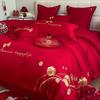 Haohelie Juego de Cama de Boda de Cuatro Piezas Algodón Puro Habitación de Boda Sábanas de Cama de Boda Funda de Edredón Rojo Grande Ropa de Cama para Recién Casados