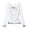 Camiseta Manga Longa Falsa Duas Peças Listrada Gola Lapela Branca Feminina Outono Novo Estilo Coreano Slim Casual Blusa Color Block