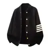 Chamarra suéter de punto de cuatro rayas para hombre, chamarra de moda estilo ins de ajuste holgado para otoño e invierno, suéter cárdigan casual y cálido