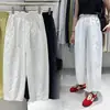 Pantalones Casuales de Verano Finos Estilo Coreano con Cintura Fruncida, Lunares Literarios, Pierna Ancha Acortados para Mujer, Elegantes con Forma de Botón