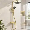 Juego de Cabezal de Ducha de Cobre Puro Dorado Grifo Expuesto para Agua Fría y Caliente Rociador Superior Manual Doble Uso Baño Ducha