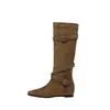 Fivela de cinto casual estilo coreano botas de montaria em camurça bovina integral 2026 inverno salto médio bico quadrado couro genuíno cano alto botas longas para mulheres