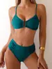 Bikini Nuevo 2025 Transfronterizo Europeo y Americano Comercio Exterior Color Sólido Fruncido de Cintura Alta Sexy Bikini Traje de Baño de Dos Piezas