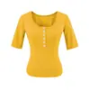 Camiseta Henley de Manga Média Estilo Retrô Americano para Mulheres, Novo Modelo Verão 2026, Gola Henley Meio Aberta com Botões, Top Base Slim Fit