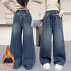 Jeans Rectos de Invierno para Niñas, Estilo Nuevo, Felpa Adicional, Bolsillo Trasero Bordado, Pantalones Largos Casuales de Pierna Ancha para Niñas Grandes, Para Exteriores