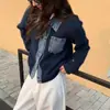 Nuevo cárdigan suéter de punto de mezclilla patchwork estilo coreano de cuello polo para otoño e invierno, prenda exterior holgada y moderna para mujer
