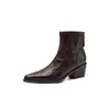 Elegantes Botas Afuniladas de Pele de Ovelha para o Dia a Dia 2026 Outono/Inverno Salto Grosso Salto Médio Bico Fino Todo em Couro Genuíno Emagrecedoras Versáteis Botas de Cano Curto para Mulheres