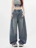 Jeans de Guadaña Estilo Americano para Mujer Sueltos Adelgazantes Pantalones de Longitud al Suelo Tallas Grandes MM Gorditas Cubre Carne Cubre Piernas Gruesas Pantalones de Pierna Ancha de Guadaña