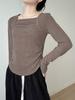 Estilo coreano Chica de Terciopelo otoño e invierno Ropa dulce nueva cuello cuadrado plisada cálida camiseta base top ajustado a la cintura combinable para mujer