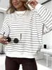 2026 Cross-Border Amazon Europa e América Primavera e Outono Nova Camiseta Feminina Solta Casual Color Block Versátil Gola Redonda Manga Longa Listrada