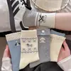 Meias Azuis-Cinza Listradas Estilo Coreano para Mulheres, Meias de Algodão Meia-Panturrilha, Meias Fofas de Cachorro com Desenho Animado Estilo Japonês da Moda