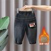 Calças de Meninos Outono e Inverno 2025 Novo Estilo Inverno Forrado com Lã Jeans Espessos Roupas Infantis Bebê Calças Compridas Integradas com Lã