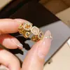 Anel Geométrico Banhado a Ouro 14K Real com Zircônia, Anel de Dedo Indicador Colorido Retro Francês de Alto Padrão de Nicho, Joia Fashion