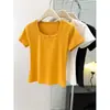 Camiseta de Algodón Color Sólido Ajustada de Manga Corta Estilo Coreano para Mujer, Top Ajustado de Manga Media con Cuello en U, Camiseta Básica para Capa Interior de Verano