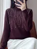 Nova Coleção Outono/Inverno 2026: Blusa de Tricô Feminina Lisa, com Pedrarias e Strass, Manga Longa, Gola Meia-Alta, Estilo Pulôver, Perfeita como Camada Base