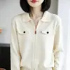 Cárdigan de punto con cuello polo y cremallera para mujer, suéter simple con bolsillo, abrigo de temperamento, manga larga, capa base para superponer