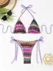 Estilo étnico transfronterizo retro geométrico triángulo top de copa con lazos laterales triángulo bragas bloque de color retro traje de baño de playa