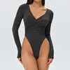 Mono de yoga transfronterizo para mujer con almohadillas extraíbles en el pecho, cuello en V cruzado, mono sexy ajustado de manga larga para fitness