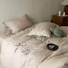 Juego de Cuatro Piezas de Algodón y Lino Bordado con Textura Suave Vintage, Estilo Chino Elegante con Lazos, Adecuado para Dormir Desnudo, Incluye Funda de Edredón, Sábana Plana y Sábana Ajustable