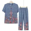Camisa de manga curta para mulheres idosas, conjunto de verão para vovó, terno elegante de duas peças para mães de meia-idade de 60 anos, camisa feminina