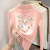 Camiseta infantil estilosa de fleece dupla face, gola alta discreta, top casual de manga longa, blusa de base escovada para outono e inverno infantil, novo estilo