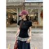 Verão Doce Nicho Chique Ajustado Top de Ombro Bainha Vintage Xadrez Costura Versátil Ajustado Camiseta de Manga Curta