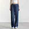 Pantalones de pierna ancha resistentes a las arrugas de seda helada de verano para mujer, delgados, de cintura alta, adelgazantes, holgados, casuales, fluidos, rectos, con cordón, pantalones curvos