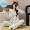 Pijama de algodón para mujer de manga larga de otoño, nuevo estilo de alta gama, cuello redondo con encaje, gris, primavera y otoño, con copas en el pecho, conjunto de ropa para el hogar