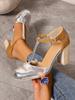 Sandalias de Tacón Alto Cerradas de Bloques de Color para Mujer de Comercio Exterior Europeo y Americano, Nuevas Sandalias de Moda Transfronterizas con Punta Redonda, Correa en T y Tacón Grueso, Tallas Grandes