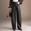 Calça pantalona de couro PU marrom para mulheres, novo estilo outono 2026, cintura alta, modelagem que afina, solta, com caimento, calça longa casual