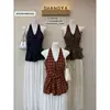 Top de Tirantes Cuadros Vintage de Verano Roxin con Cuello en V y Lazos Se Vende Individualmente
