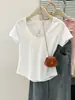 Camiseta Blanca de Manga Corta Estilo Americano con Cuello en U, de Algodón de Bambú y Lino para Mujer, Verano Delgado Casual Versátil, Top con Retazos Estilo Coreano